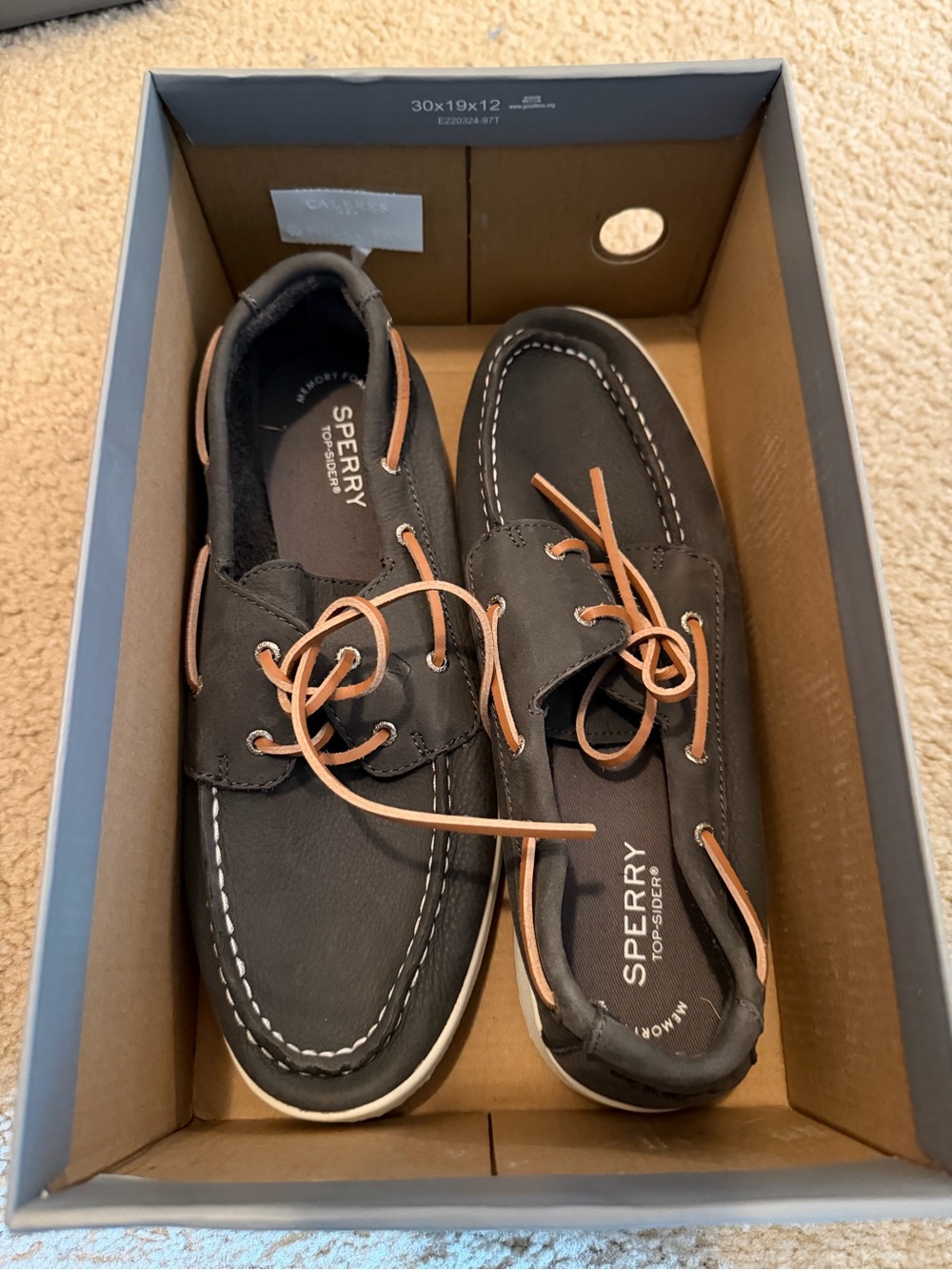 Sperry Dark Gray Leather Boat Shoes with Tan Laces